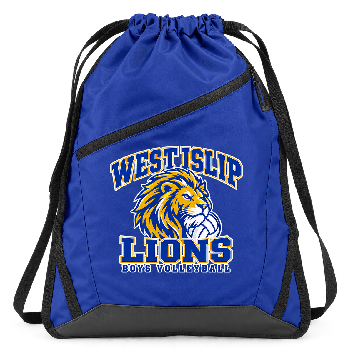 West Islip Boys Volleyball Power Lion Zip-Pocket Drawstring Bag in True Royal / Black