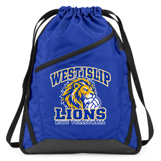 West Islip Boys Volleyball Power Lion Zip-Pocket Drawstring Bag in True Royal / Black