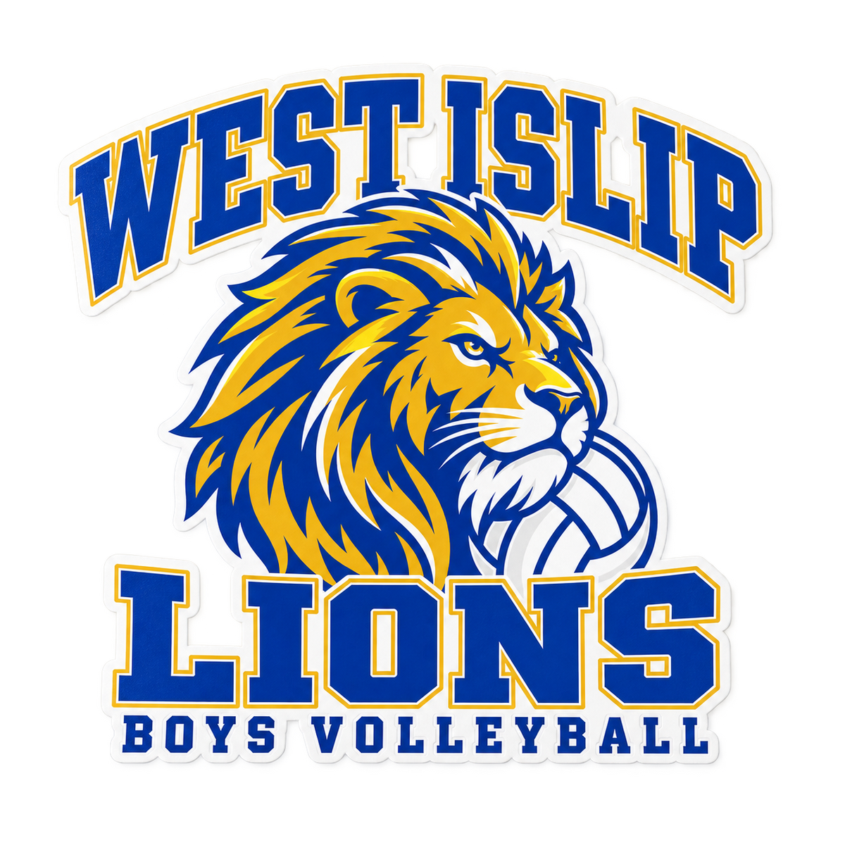 West Islip Boys Volleyball Power Lion Die-Cut Vinyl Sticker in Royal / Gold / White