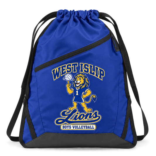 West Islip Boys Volleyball Rally Lion Zip-Pocket Drawstring Bag in True Royal / Black