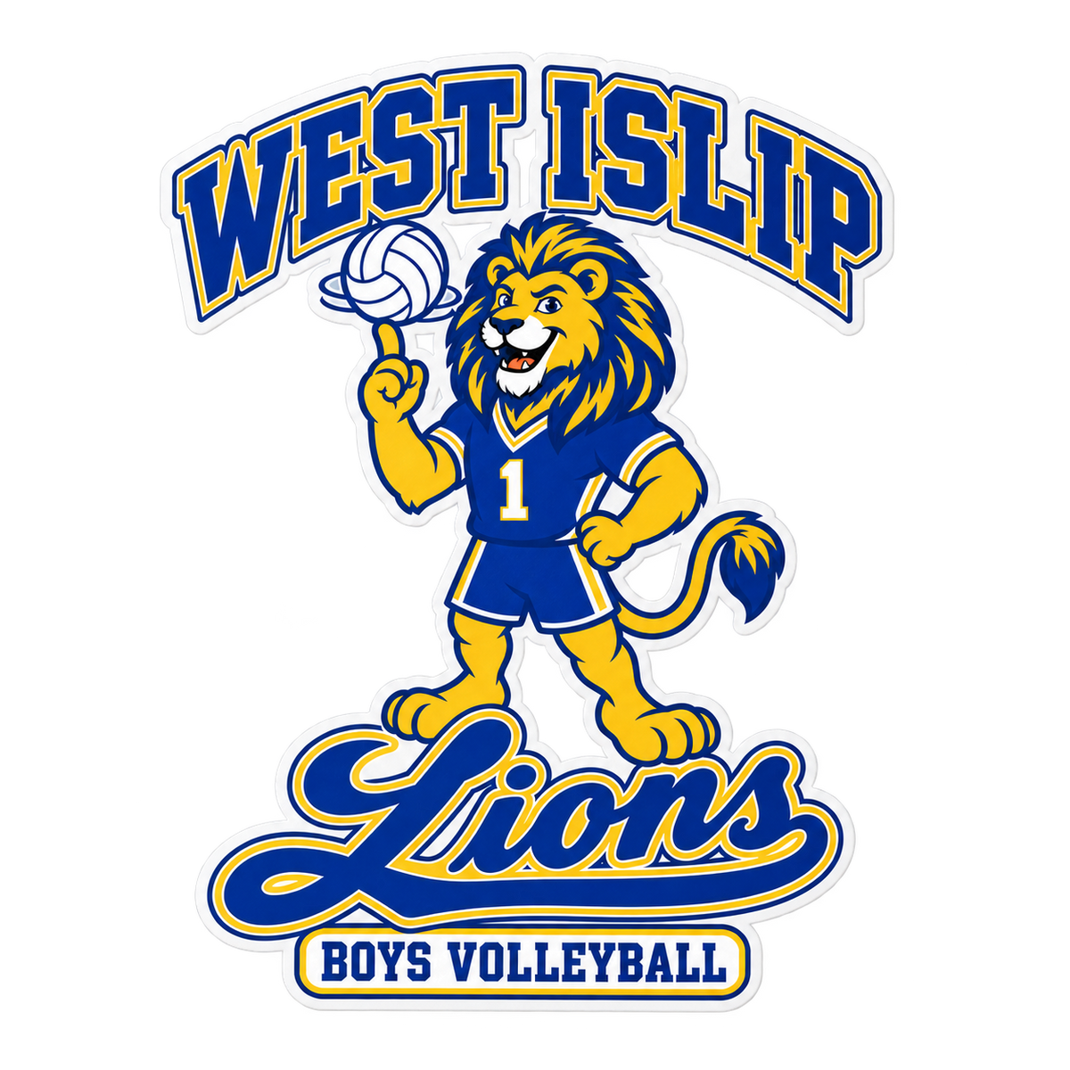 West Islip Boys Volleyball Rally Lion Die-Cut Vinyl Sticker in Royal / Gold / White
