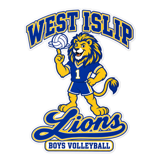 West Islip Boys Volleyball Rally Lion Die-Cut Vinyl Sticker in Royal / Gold / White