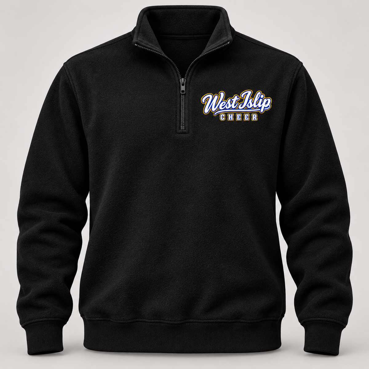 Black West Islip Cheer Script adult quarter-zip sweatshirt