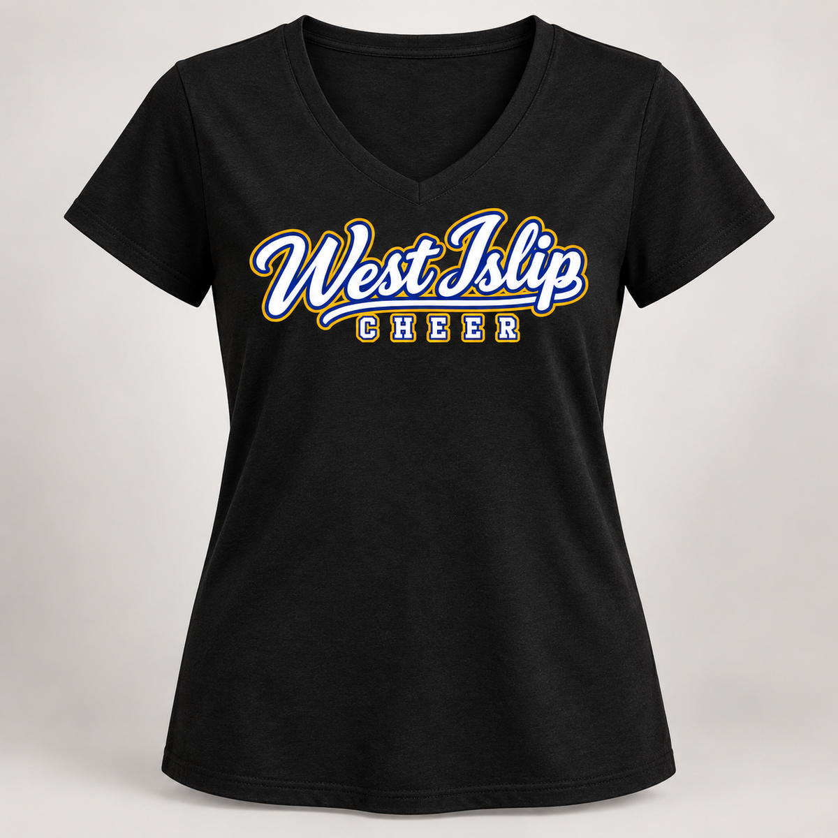 Black West Islip Cheer Script women's V-neck T-shirt