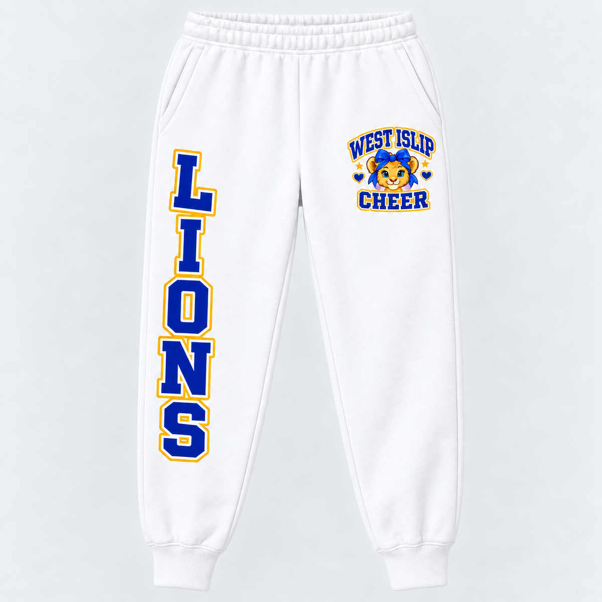 West Islip Cheer Little Lions joggers in White with left pocket badge and right leg LIONS print
