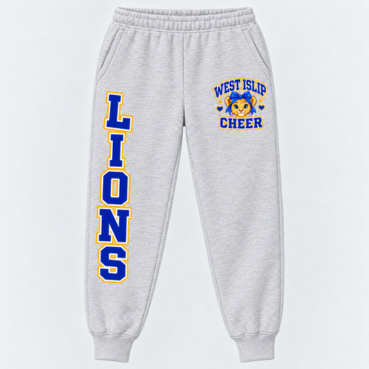 West Islip Cheer Little Lions joggers in Heather Gray with left pocket badge and right leg LIONS print