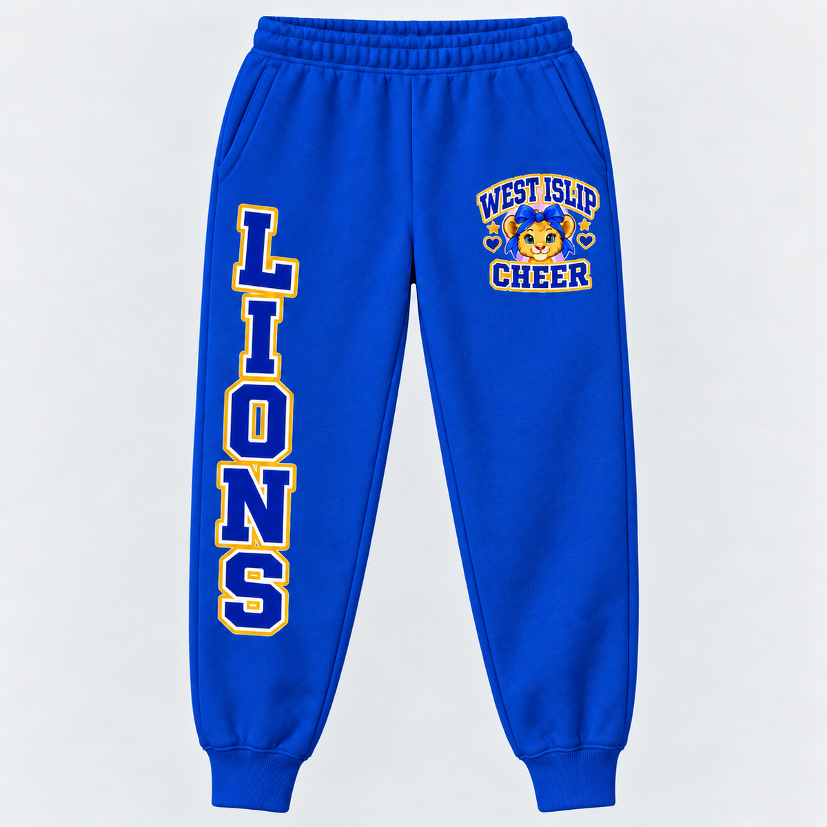 West Islip Cheer Little Lions joggers in Royal Blue with left pocket badge and right leg LIONS print