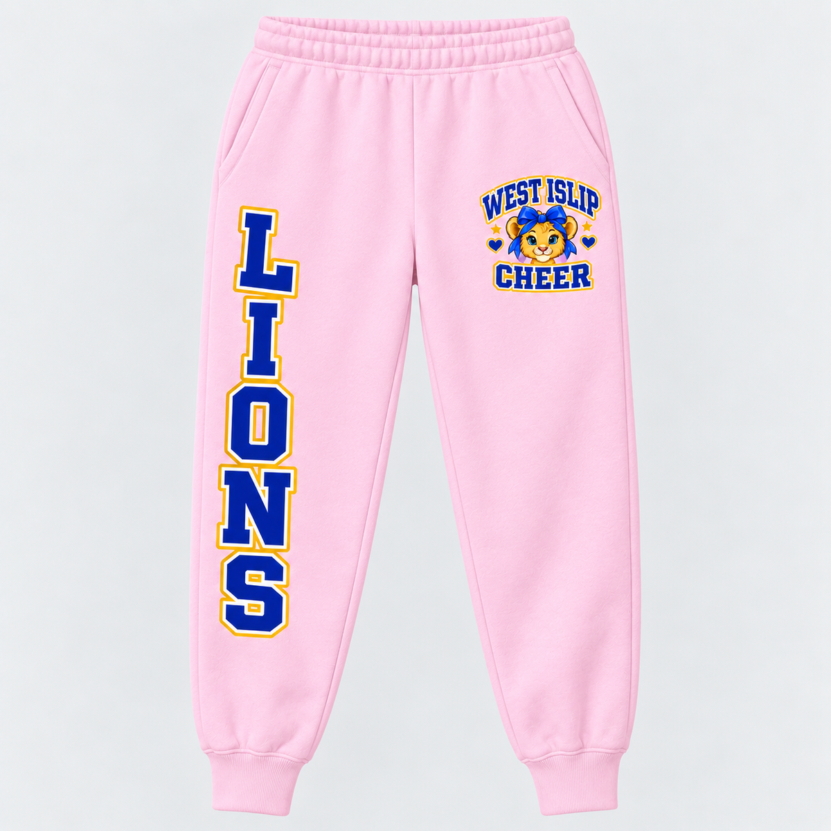 West Islip Cheer Little Lions joggers in Pink with left pocket badge and right leg LIONS print