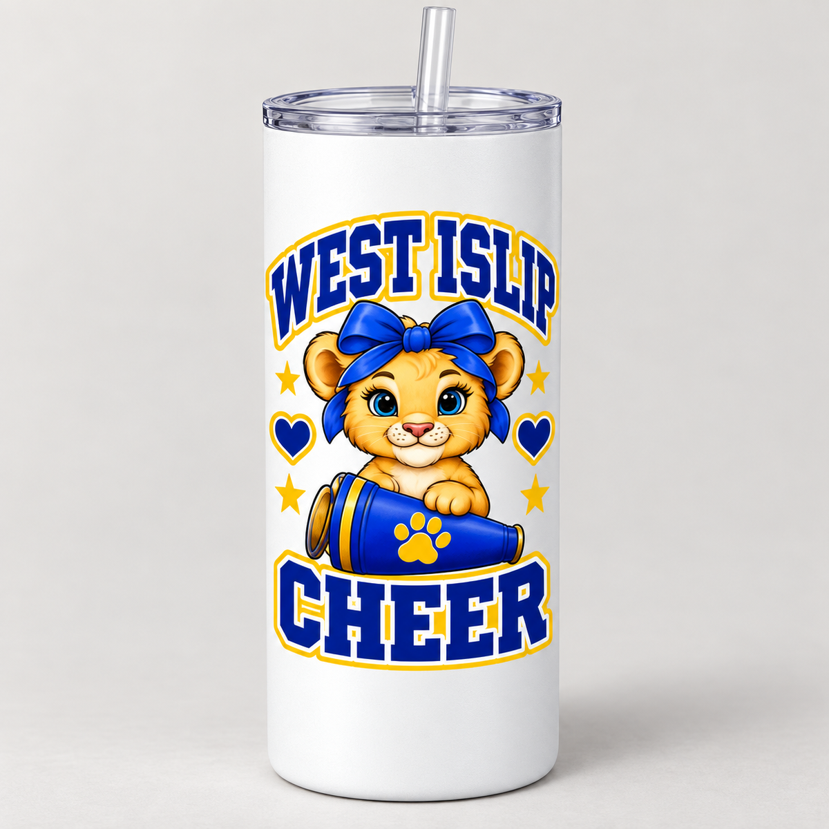 White West Islip Cheer Little Lions skinny tumbler