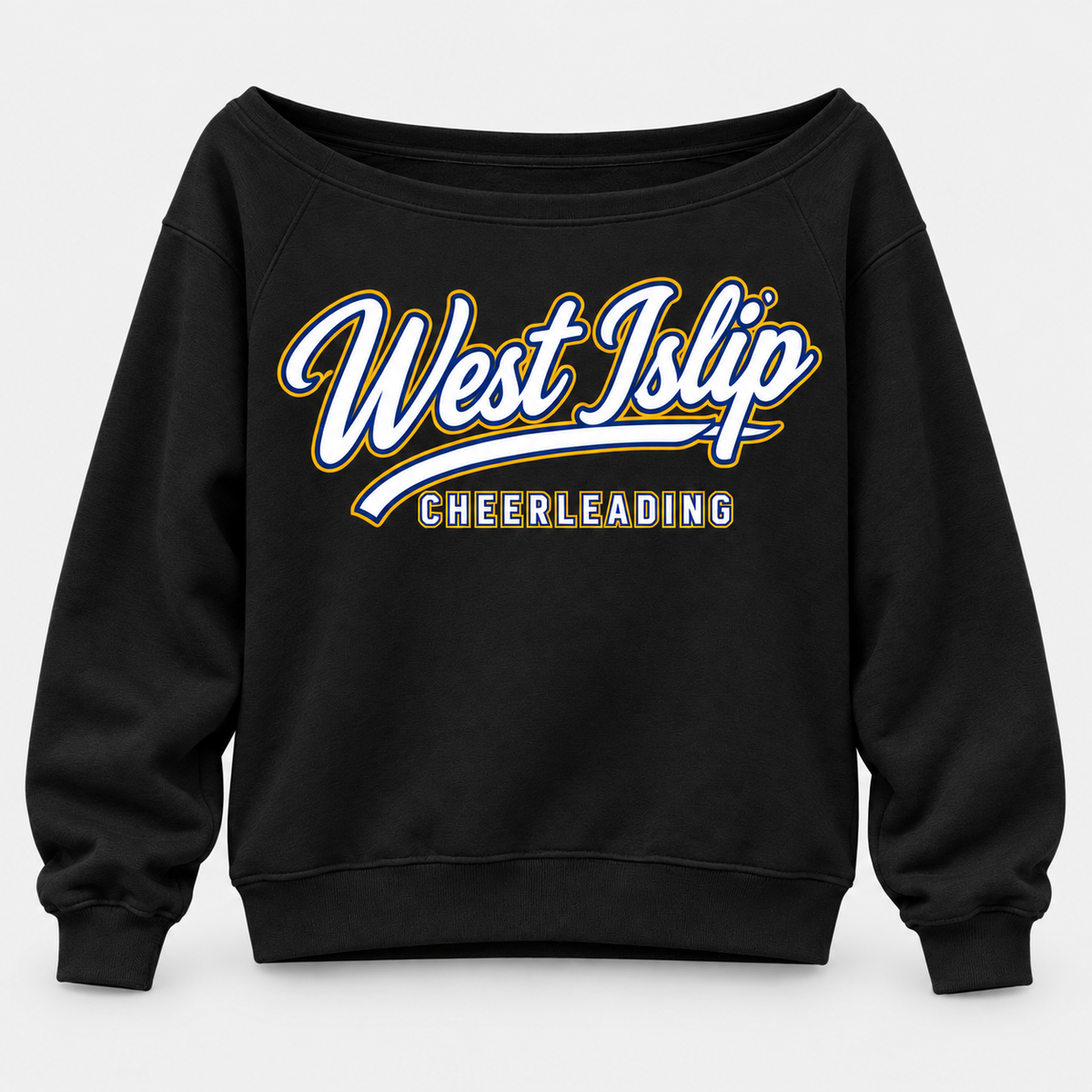 Black West Islip Cheerleading Women's Script Wide-Neck Sweatshirt