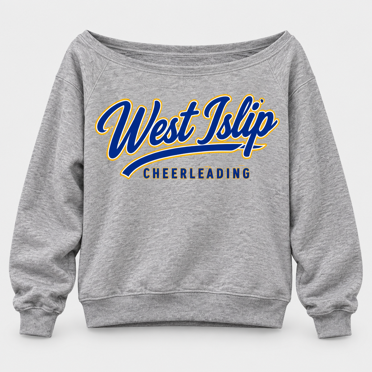 Heather Gray West Islip Cheerleading Women's Script Wide-Neck Sweatshirt