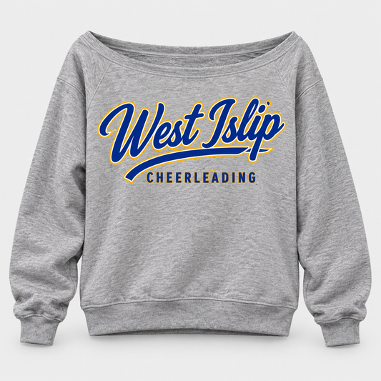 Heather Gray West Islip Cheerleading Women's Script Wide-Neck Sweatshirt