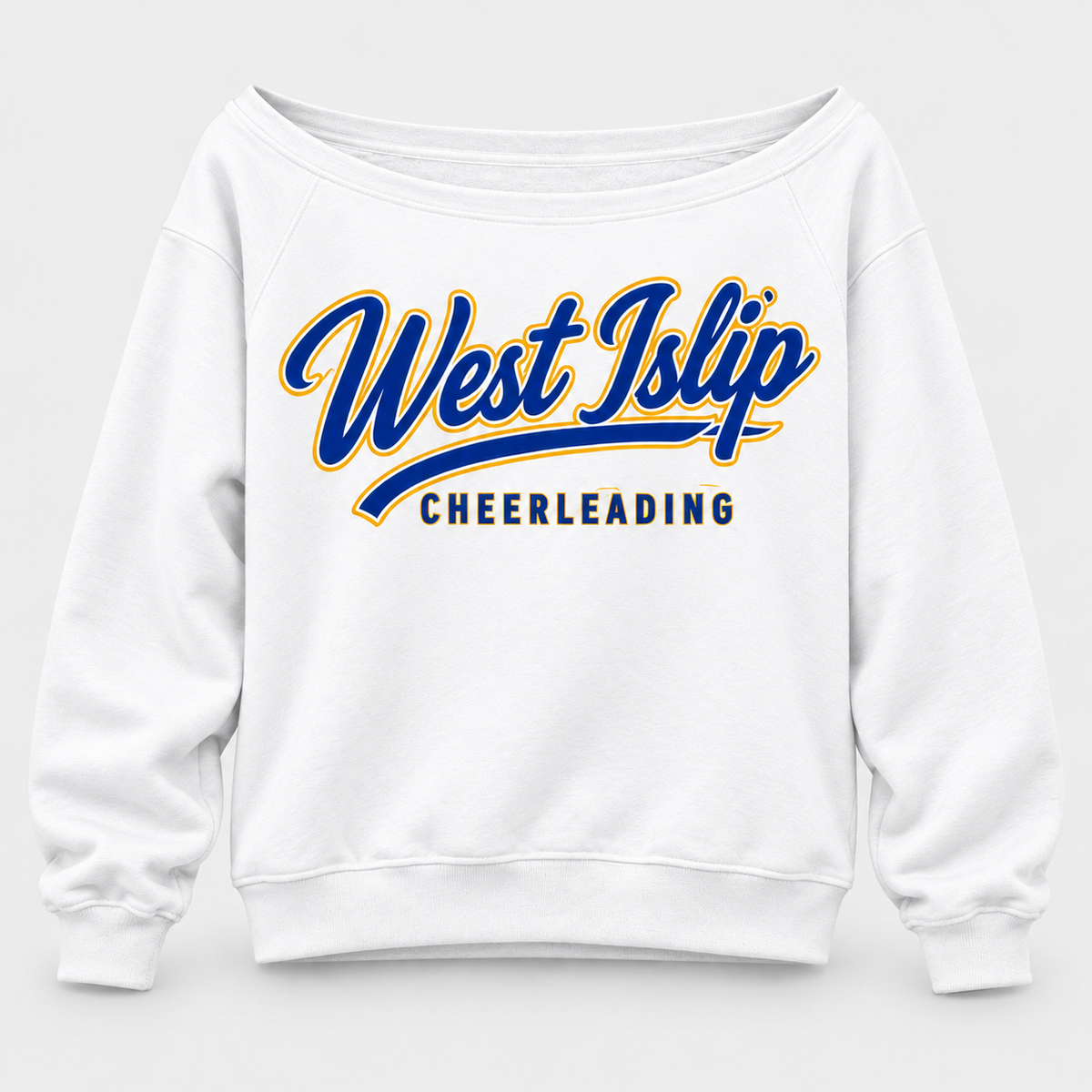 White West Islip Cheerleading Women's Script Wide-Neck Sweatshirt