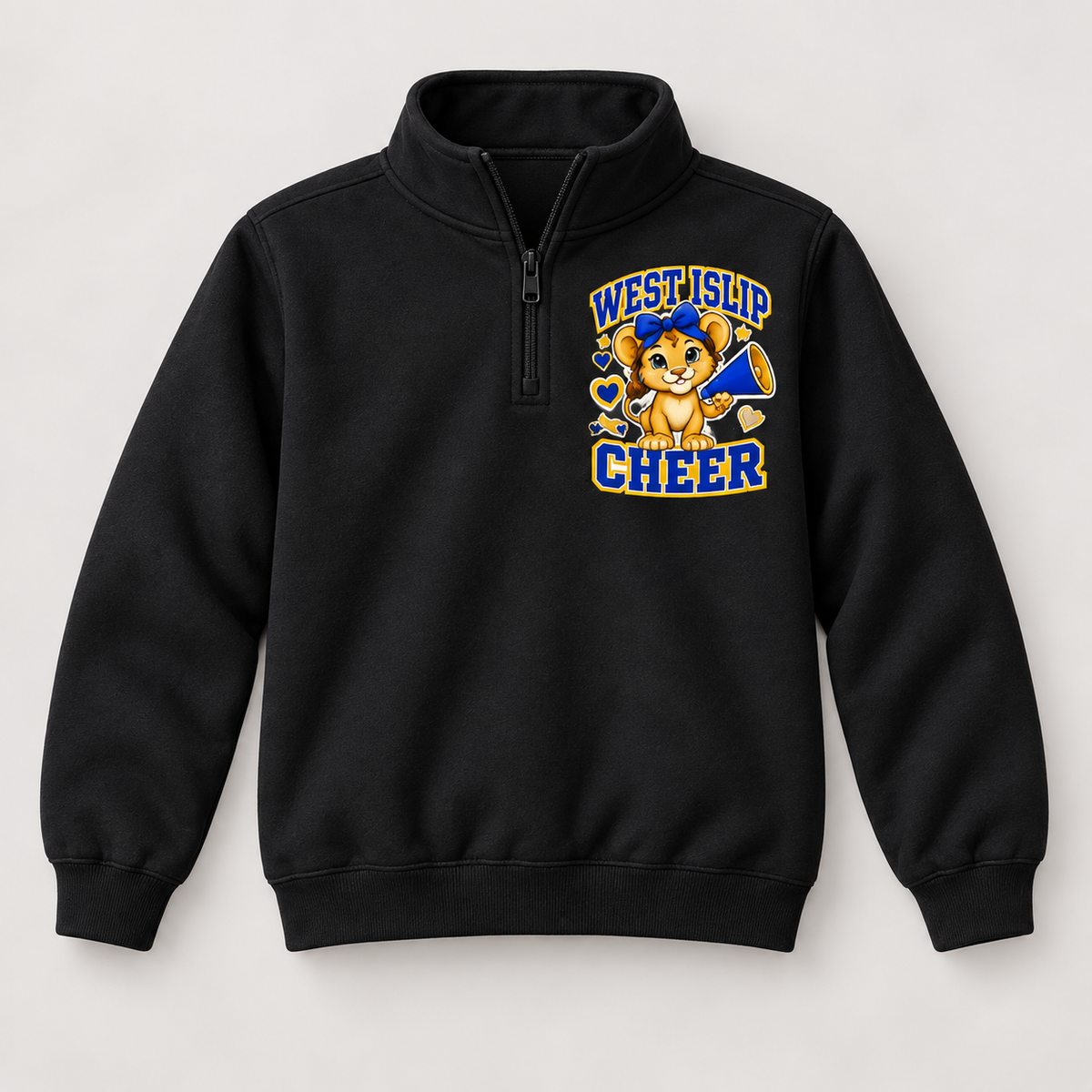 Black West Islip Cheer Little Lions youth quarter-zip sweatshirt, single front view