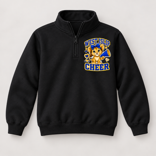 Black West Islip Cheer Little Lions youth quarter-zip sweatshirt, single front view