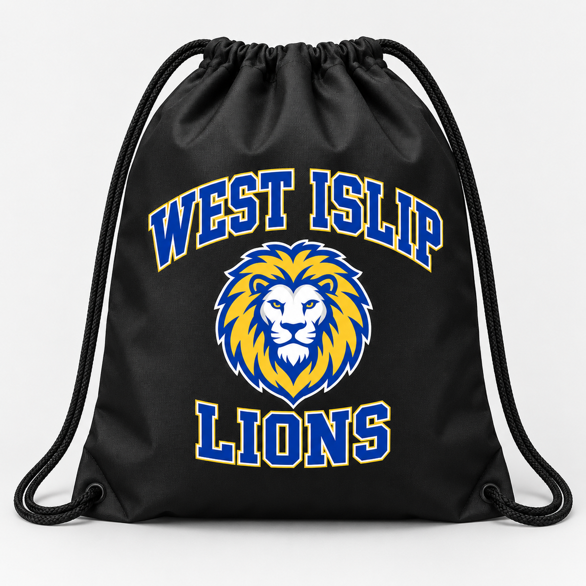 West Islip Lions drawstring bag in black, front view