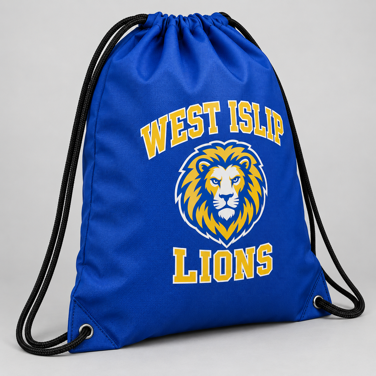 West Islip Lions royal blue drawstring bag, angled detail view