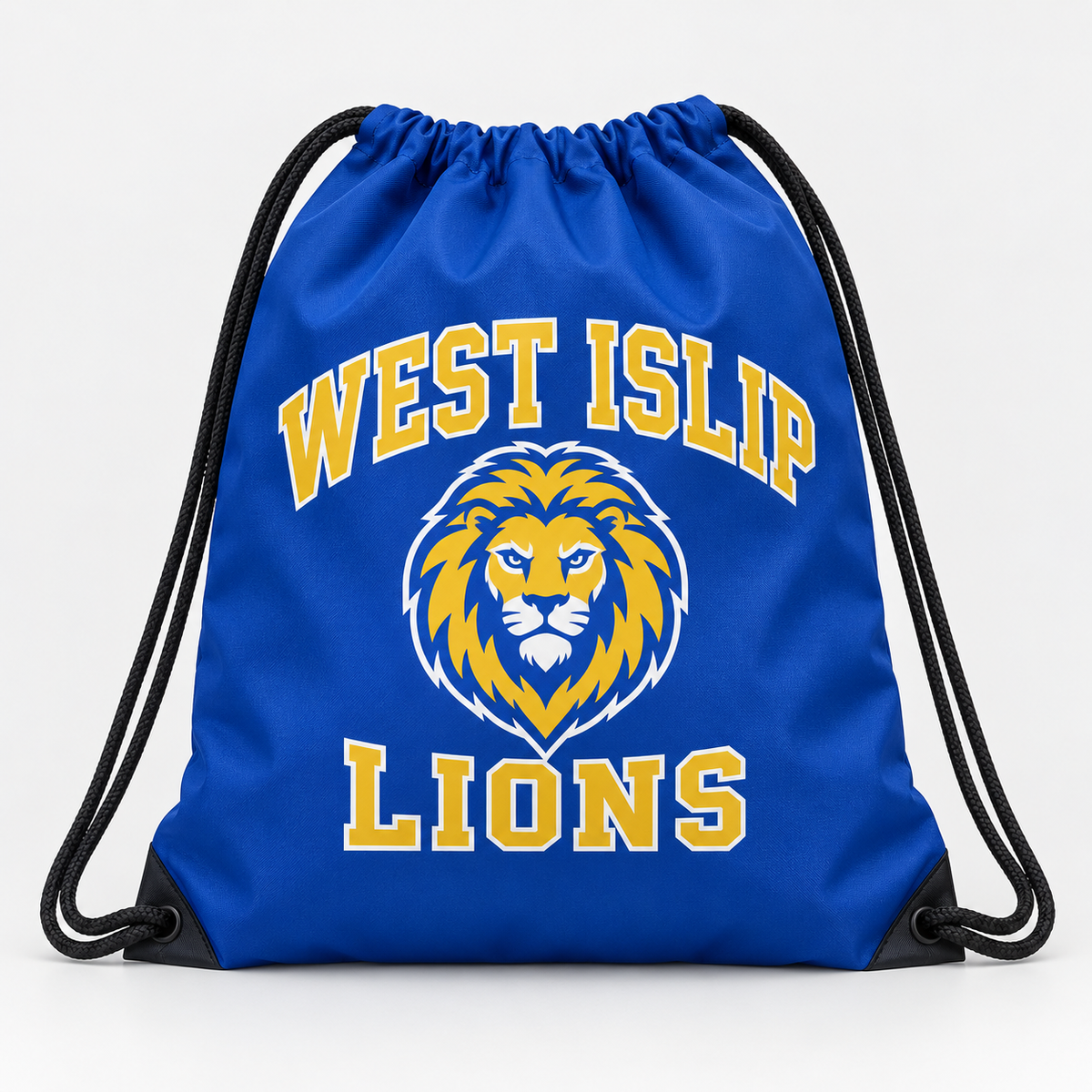 West Islip Lions drawstring bag in royal blue, front view