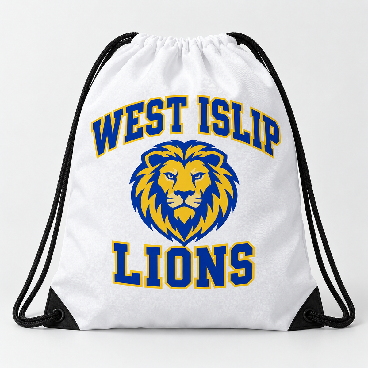 West Islip Lions drawstring bag in white, front view