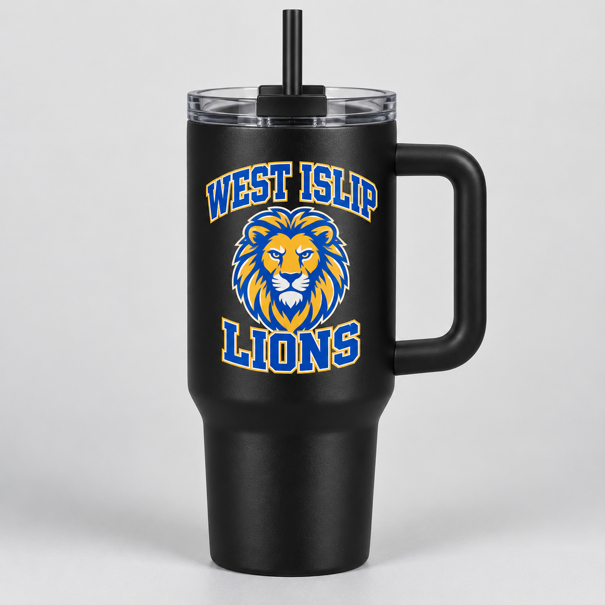 West Islip Lions handled tumbler in black, front view