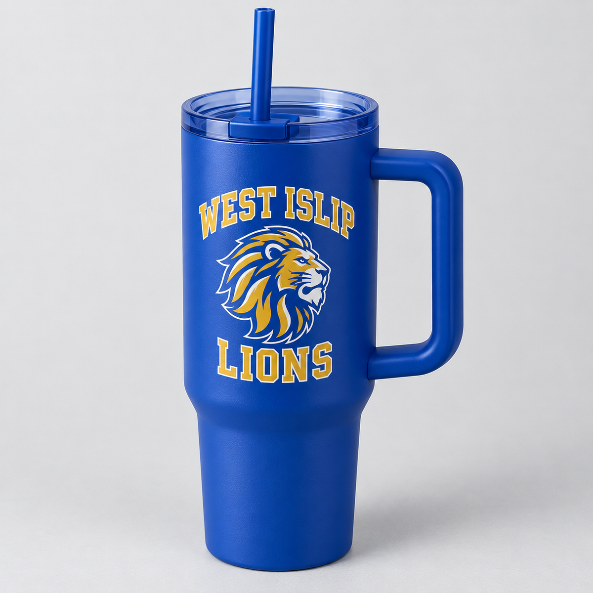West Islip Lions royal blue handled tumbler, angled detail view