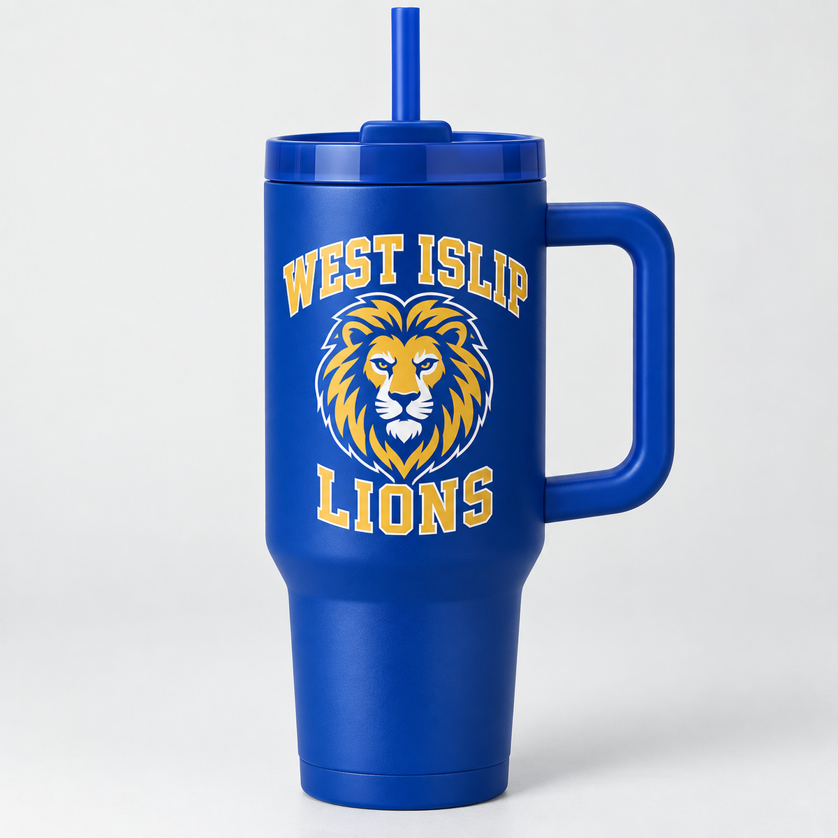 West Islip Lions handled tumbler in royal blue, front view