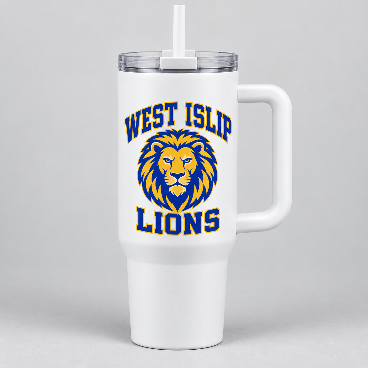 West Islip Lions handled tumbler in white, front view