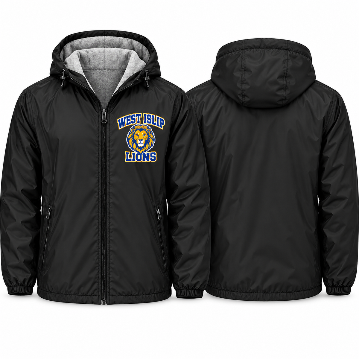 West Islip Lions Collegiate Crest Adult Unisex Fleece-Lined Hooded Jacket in black, front and back