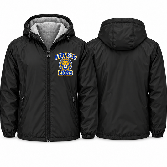 West Islip Lions Collegiate Crest Adult Unisex Fleece-Lined Hooded Jacket in black, front and back