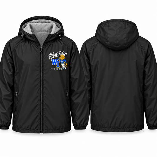 West Islip Lions Heritage Script Adult Unisex Fleece-Lined Hooded Jacket in black, front and back