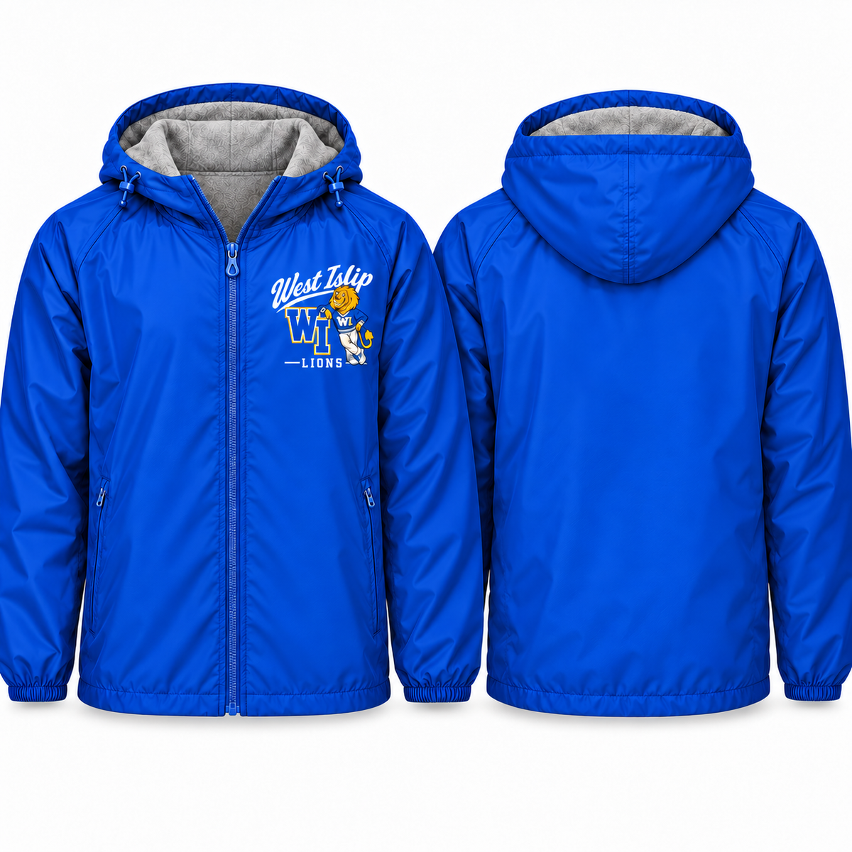 West Islip Lions Heritage Script Adult Unisex Fleece-Lined Hooded Jacket in royal blue, front and back