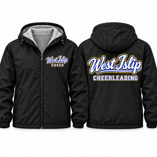 West Islip Cheerleading Signature Script Adult Unisex Fleece-Lined Hooded Jacket in black, front and back