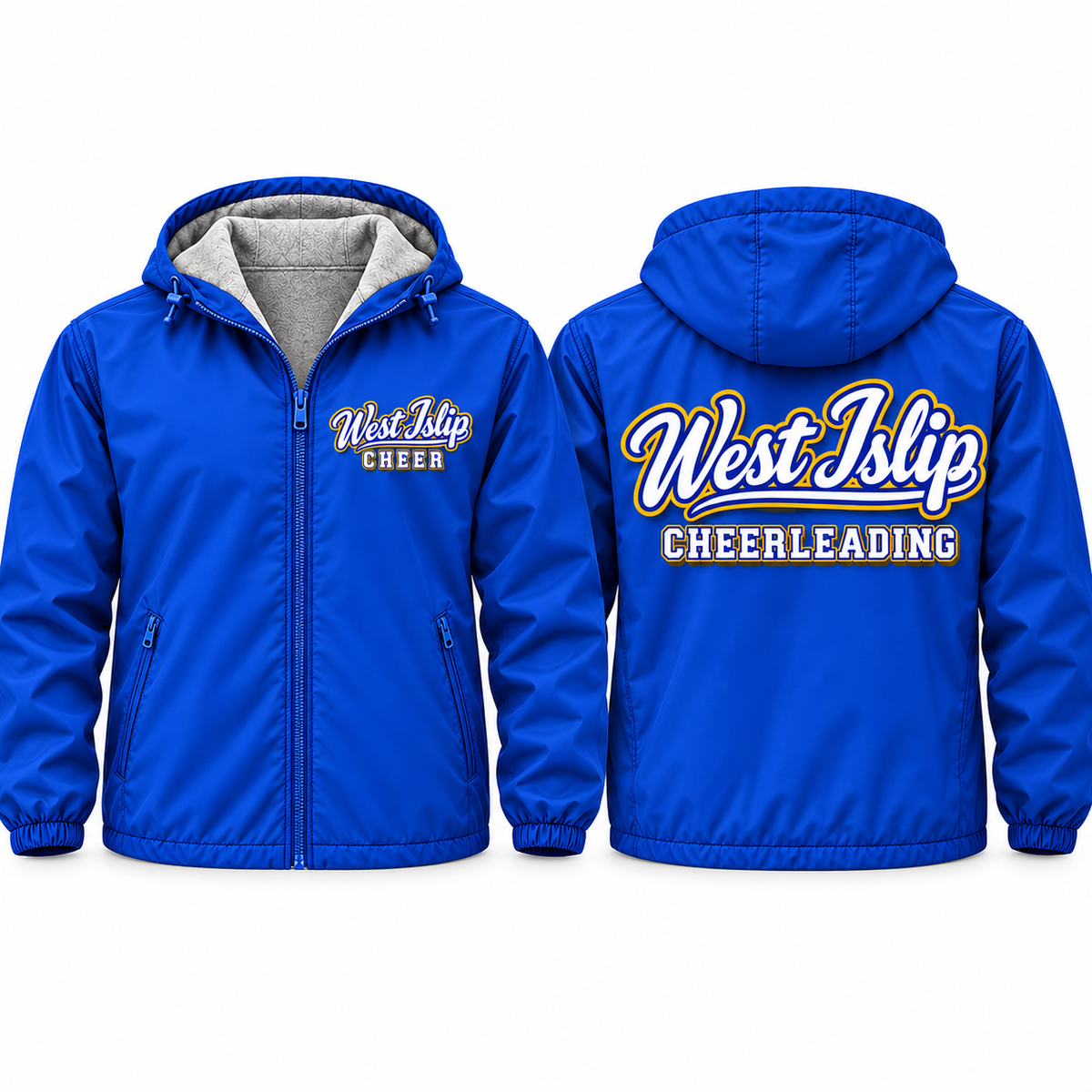 West Islip Cheerleading Signature Script Adult Unisex Fleece-Lined Hooded Jacket in royal blue, front and back