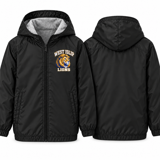 West Islip Lions Heritage Lion Youth Fleece-Lined Hooded Jacket in black, front and back