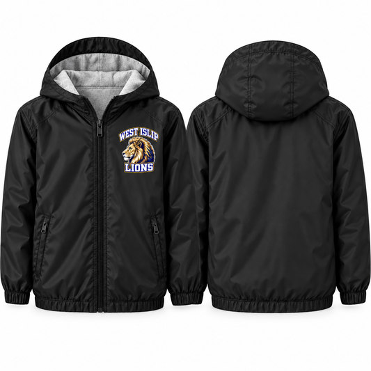 West Islip Lions Classic Profile Youth Fleece-Lined Hooded Jacket in black, front and back