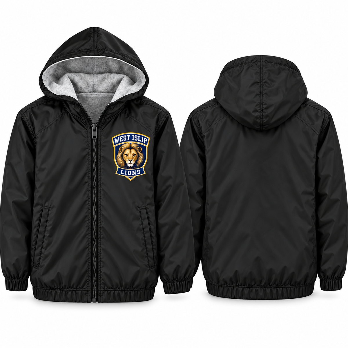 West Islip Lions Varsity Crest Youth Fleece-Lined Hooded Jacket in black, front and back