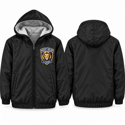 West Islip Lions Varsity Crest Youth Fleece-Lined Hooded Jacket in black, front and back