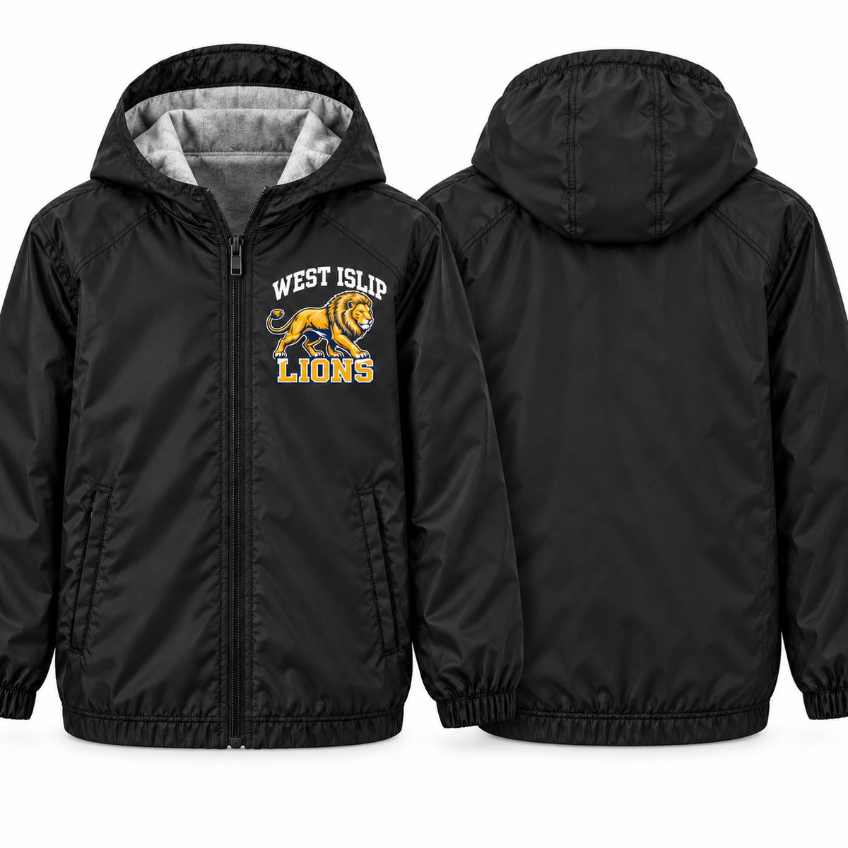 West Islip Lions Prowling Lion Youth Fleece-Lined Hooded Jacket in black, front and back