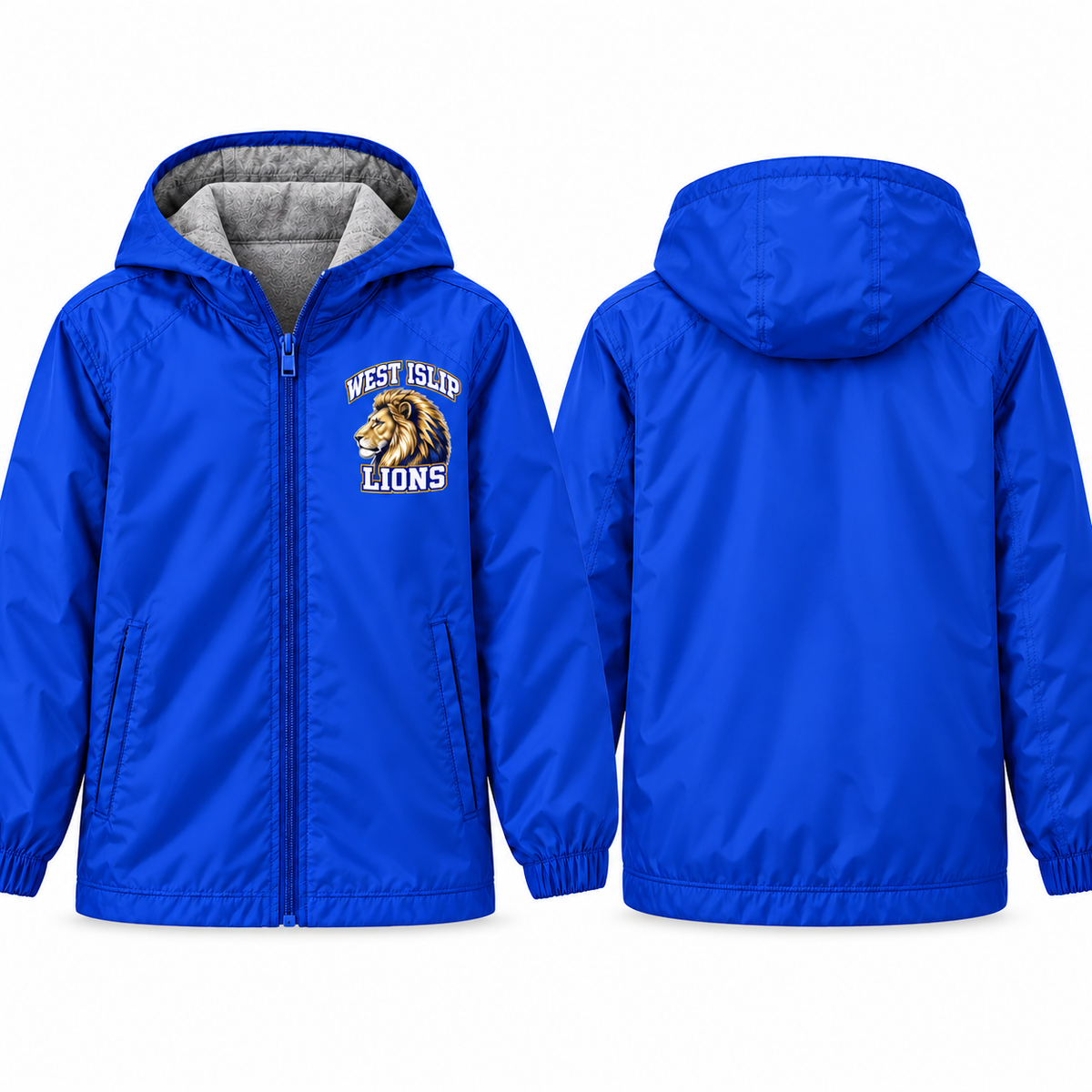 West Islip Lions Classic Profile Adult Unisex Fleece-Lined Hooded Jacket in royal blue, front and back