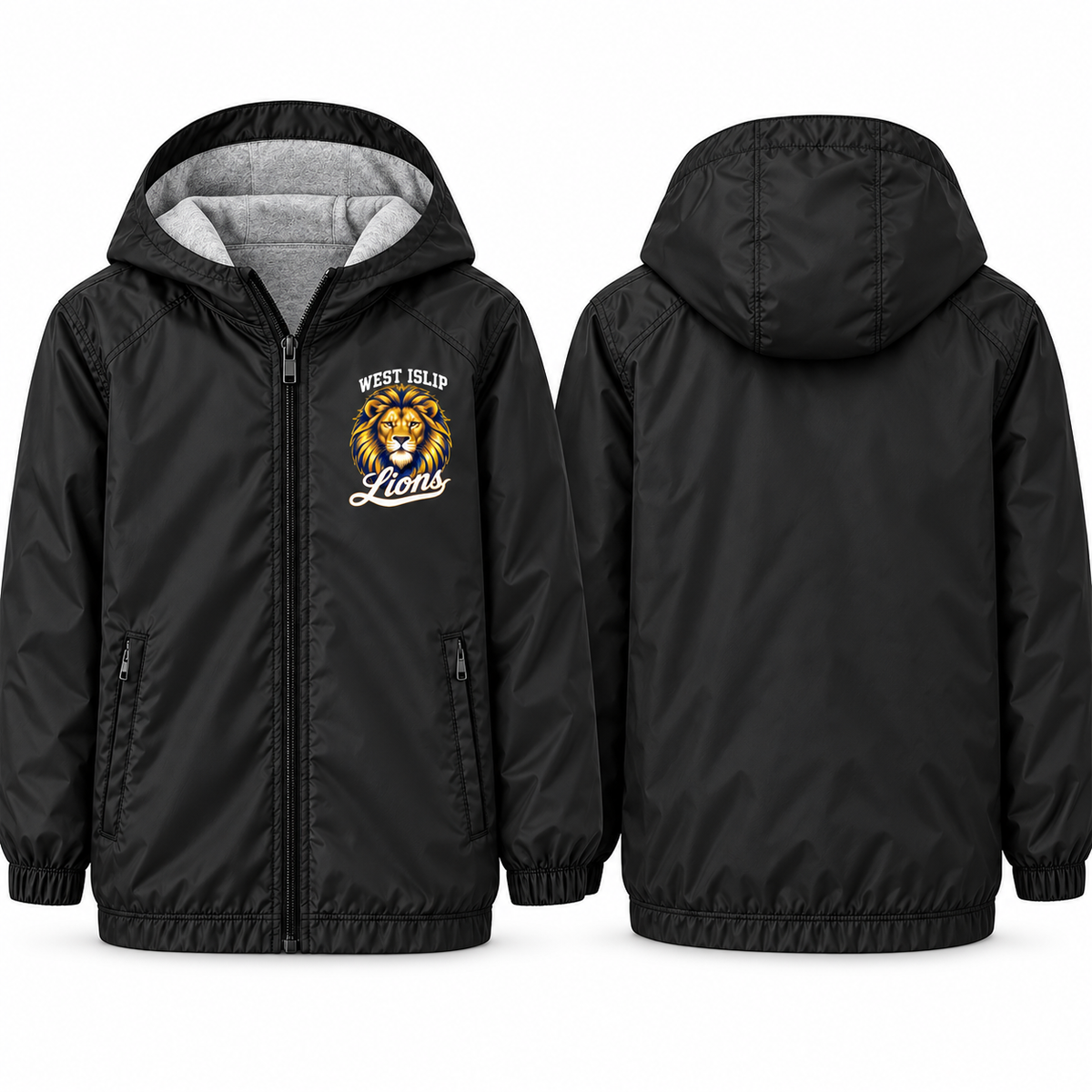 West Islip Lions Royal Mane Youth Fleece-Lined Hooded Jacket in black, front and back