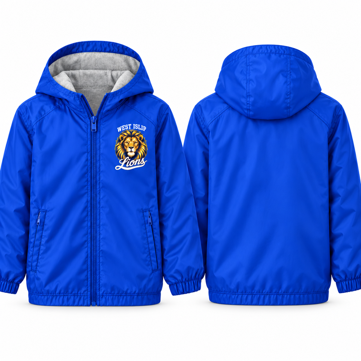 West Islip Lions Royal Mane Youth Fleece-Lined Hooded Jacket in royal blue, front and back