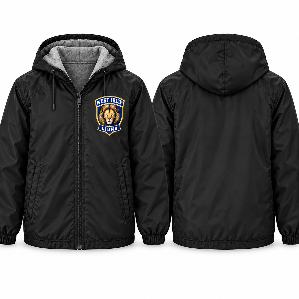 West Islip Lions Varsity Crest Adult Unisex Fleece-Lined Hooded Jacket in black, front and back