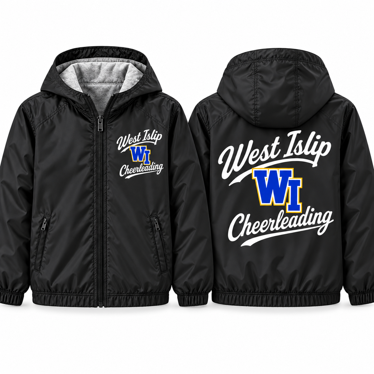 West Islip Cheer Collegiate Script Youth Fleece-Lined Hooded Jacket in black, front and back