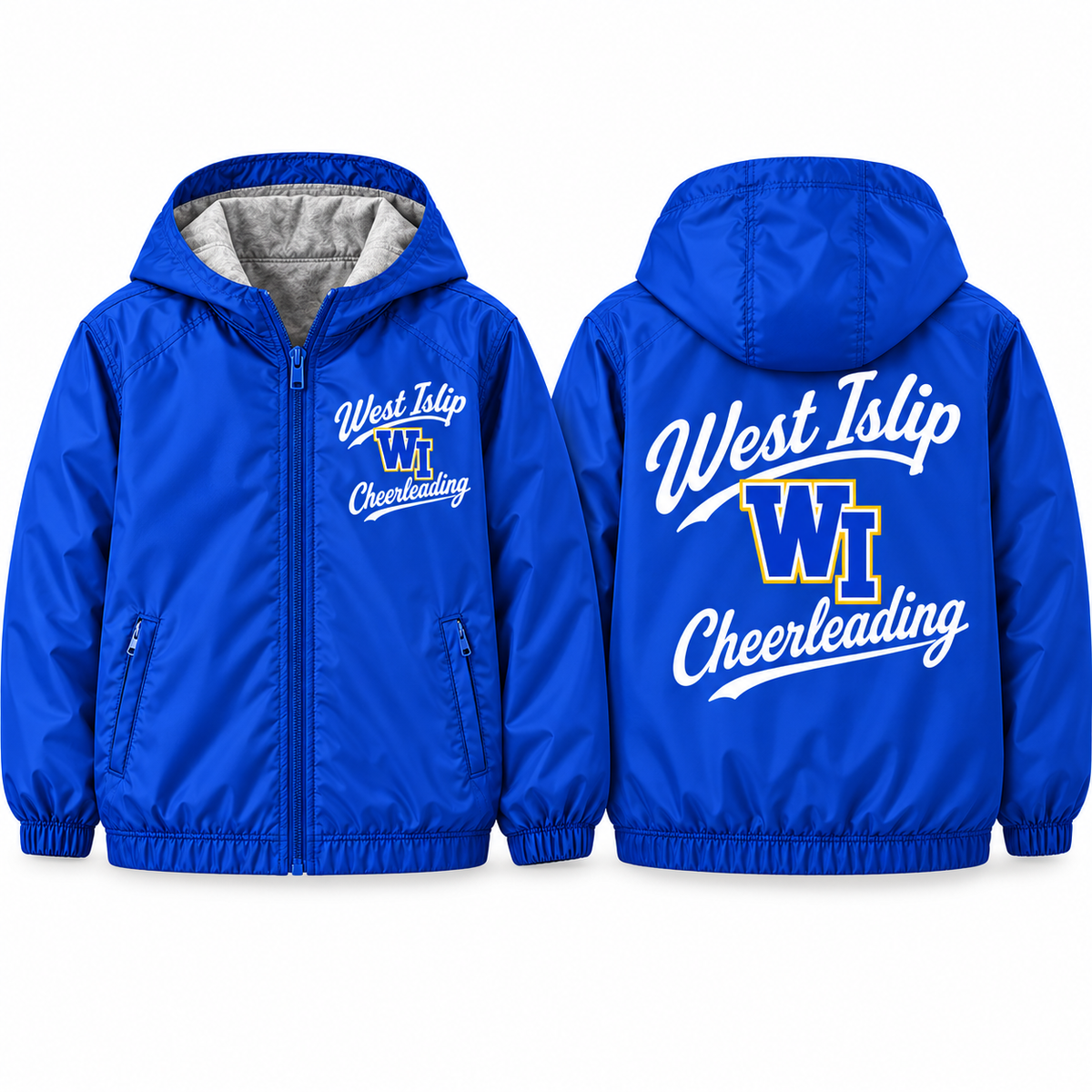West Islip Cheer Collegiate Script Youth Fleece-Lined Hooded Jacket in royal blue, front and back