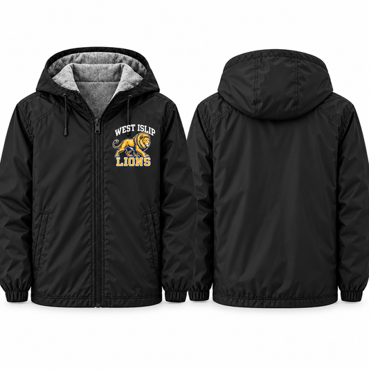 West Islip Lions Prowling Lion Adult Unisex Fleece-Lined Hooded Jacket in black, front and back