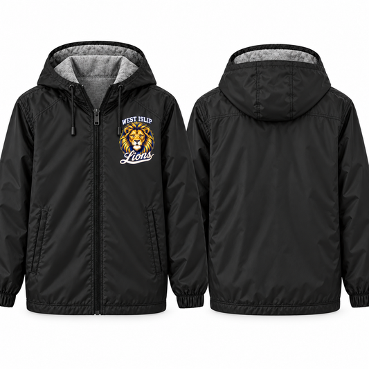 West Islip Lions Royal Mane Adult Unisex Fleece-Lined Hooded Jacket in black, front and back