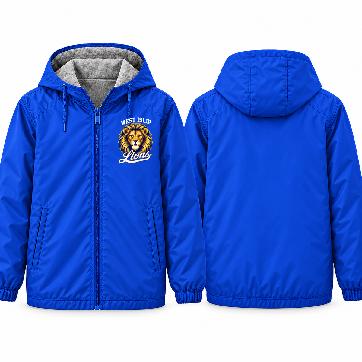 West Islip Lions Royal Mane Adult Unisex Fleece-Lined Hooded Jacket in royal blue, front and back