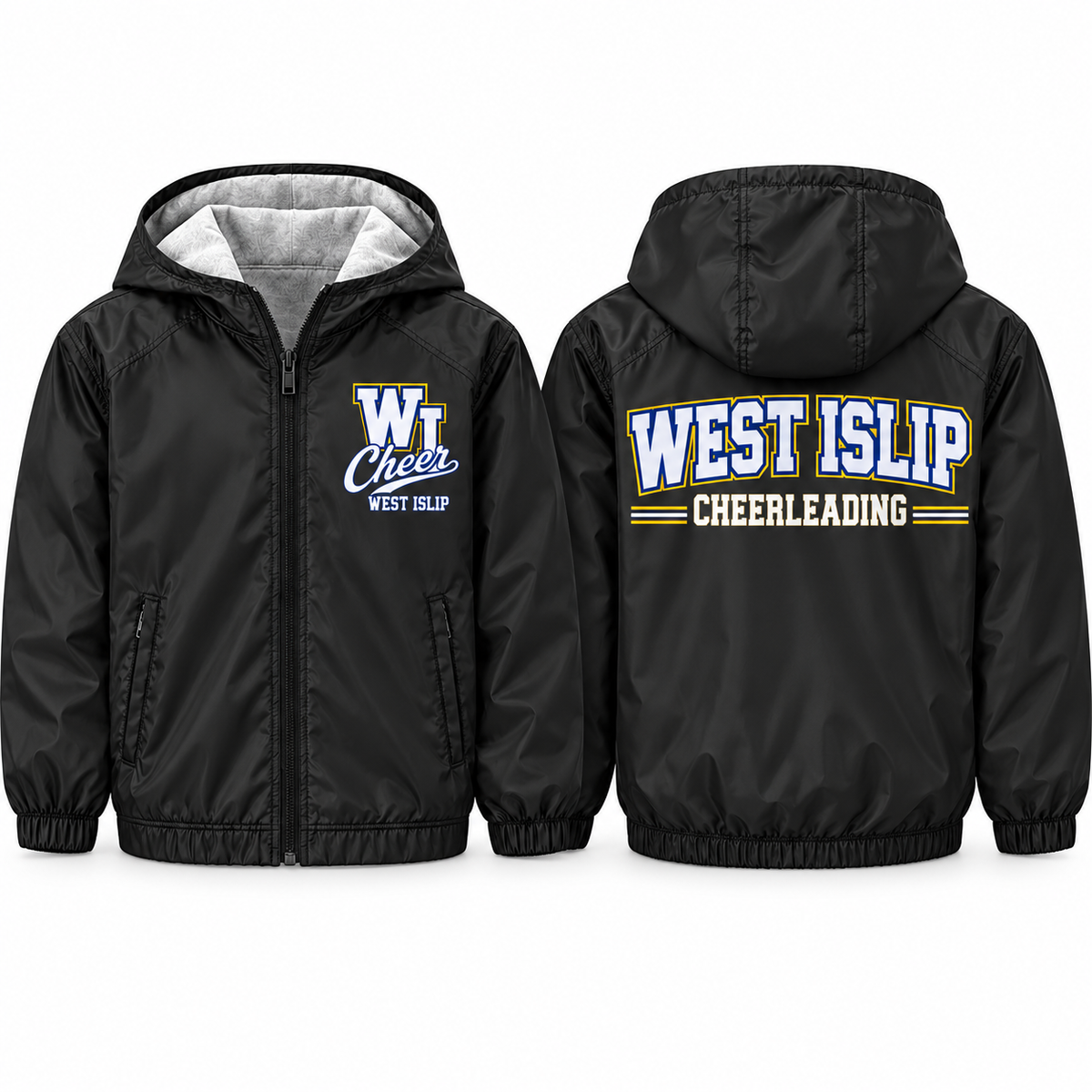 West Islip Cheer Varsity Cheer Youth Fleece-Lined Hooded Jacket in black, front and back