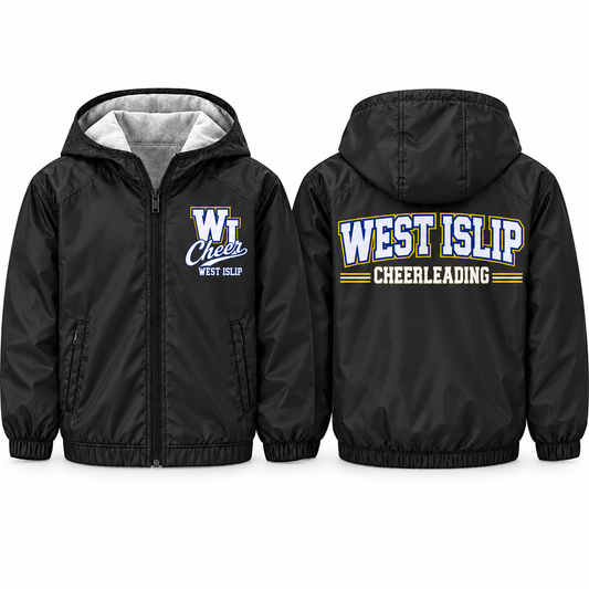 West Islip Cheer Varsity Cheer Youth Fleece-Lined Hooded Jacket in black, front and back