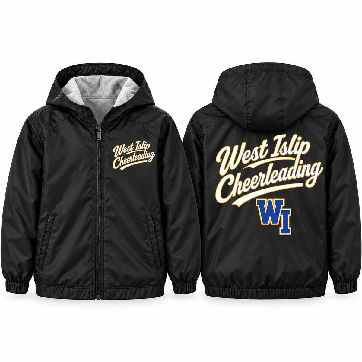 West Islip Cheer Sideline Script Youth Fleece-Lined Hooded Jacket in black, front and back